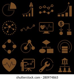 Dotted vector infographic business icons. Brown symbols on a black background.