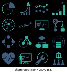 Dotted vector infographic business icons on a black background. This bicolor vector icon set uses cyan and blue colors. 