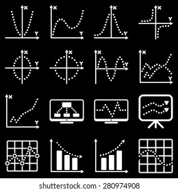 Dotted vector infographic business icons. White icons on a black background.
