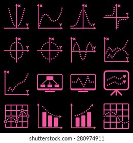 Dotted vector infographic business icons. Pink symbols on a black background.