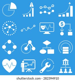 Dotted vector infographic business icons. This vector icon set uses white color and blue background.