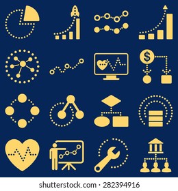 Dotted vector infographic business icons. This vector icon set uses yellow color and blue background.