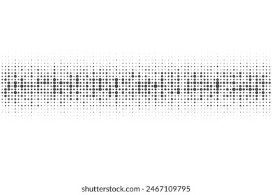 Dotted vector pattern. Halftone digital border. Circle and point grid. Audio music frequency graphic wave. Pixel equalizer modern background