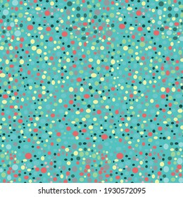 Dotted vector repeat vibrant seamless pattern with bright and summery multicolored spots with an oceanic color scheme arranged in wavy lines on a vibrant aqua green backdrop