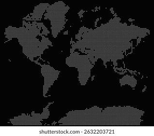 Dotted vector world map. A detailed dotted world map shows the layout of every continent using dotted elements. The dotted world map merges topography, network, and elegance in one view.