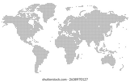 Dotted vector world map made with tiny circles to build a pixelated globe. Dotted world map aesthetic balances design and function for universal dotted world map relevance
