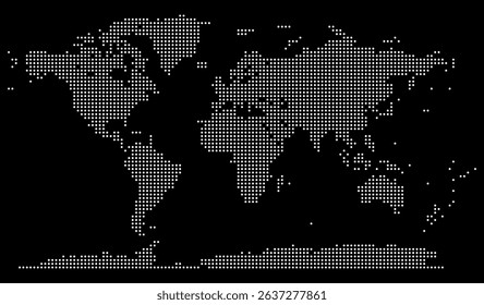 Dotted vector world map on black background with detailed geographic representation of every continent. Ideal for cartography, infographics, or presentations. Dotted world map in country boundary
