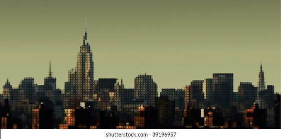 Dotted View On Manhattan From Brooklyn Bridge, Empire State Building, Vector