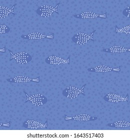 Dotted violet blue fish swimming in textured water. Marine seamless vector pattern.