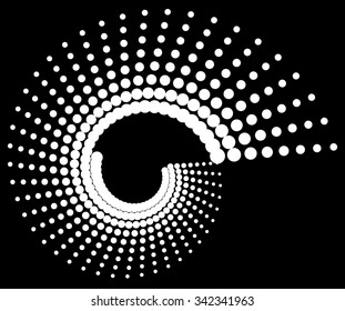 Dotted volute, spiral on black. Vector art.