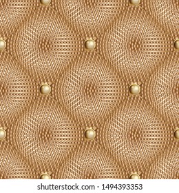 Dotted waffle 3d quilt vector seamless pattern. Surface textured quilted backgrond. Geometric ornamental halftone dots backdrop. Jewelry style gold 3d buttons. Patterned rhombus. Luxury ornate texture