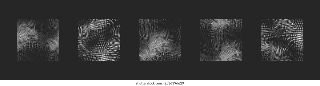 Conjunto de Vector de fondo Abstractas blanco negro de patrones sin fisuras de superficies deformadas punteadas. Dot Work Mapas Topográficos Tecnológicos Elementos de diseño en bucle Colección de arte Clip. Ilustración de estructura de forma de onda