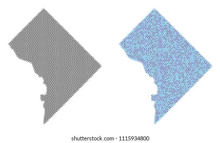 Dotted Washington DC map variants. Vector territorial plans in black color and cold blue color tints. Abstract mosaic of Washington DC map constructed from small circle dot array.