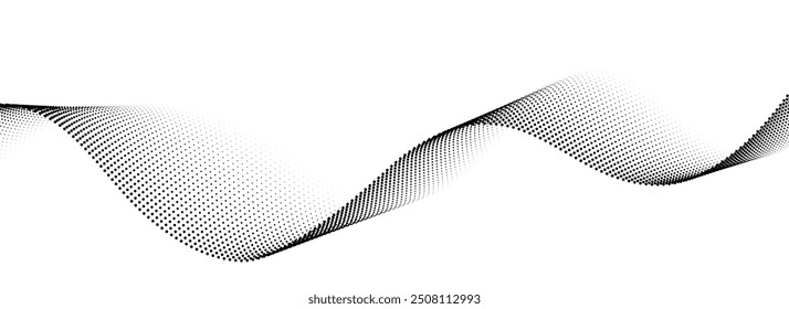 Dotted wave line background. Black halftone undulate pattern. Curve dashed gradient design element for poser, banner, presentation, booklet. Abstract flowing particle dot line wallpaper. Vector