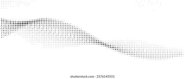 Dotted wave line background. Black halftone undulate pattern. Abstract particle flow wave wallpaper. Curved dashed gradient net design element for poser, banner, presentation, booklet, flyer. Vector