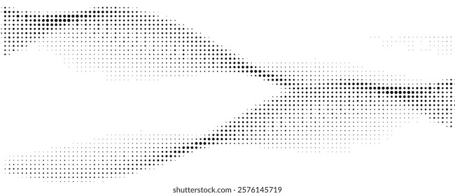 Dotted wave line background. Black halftone undulate pattern. Abstract particle flow wave wallpaper. Curved dashed gradient net design element for poser, banner, presentation, booklet, flyer. Vector