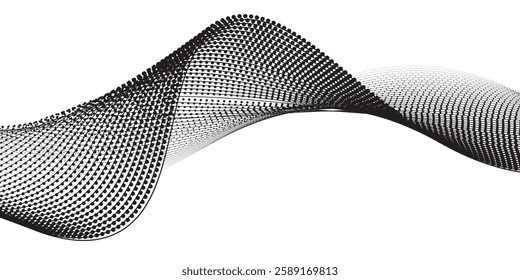 Dotted wave line background. Black halftone undulate pattern. Abstract particle flow wave wallpaper. Curved dashed gradient net design element for poser, banner, presentation, booklet, flyer. Vector