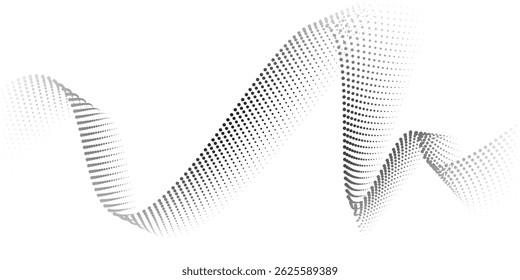 Plano de fundo da linha de onda pontilhada. Padrão ondulado de meio-tom preto. Papel de parede de onda de fluxo de partícula abstrata. Elemento de design de rede de gradiente tracejado curvo para placa, banner, apresentação, livreto, folheto. Vetor