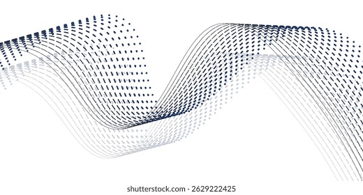 Plano de fundo da linha de onda pontilhada. Padrão ondulado de meio-tom preto. Papel de parede de onda de fluxo de partícula abstrata