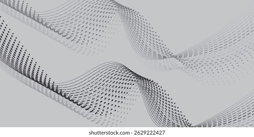 Dotted wave line background. Black halftone undulate pattern. Abstract particle flow wave wallpaper