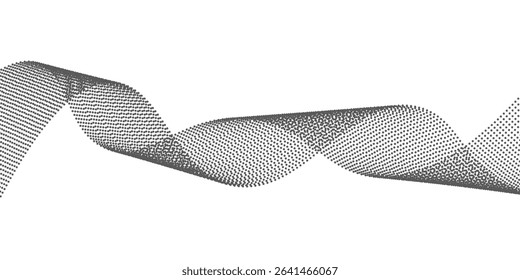 Dotted wave line background. Black halftone undulate pattern. Abstract particle flow wave wallpaper. Curved dashed gradient net design element for poser, banner, presentation, booklet, flyer. Vector