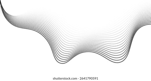 Dotted wave line background. Black halftone undulate pattern. Abstract particle flow wave wallpaper. Curved dashed gradient net design element for poser, banner, presentation, booklet, flyer. Vector