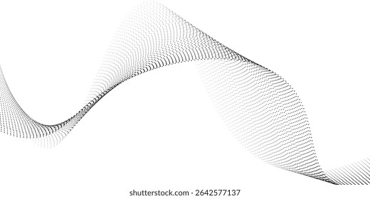 Plano de fundo da linha de onda pontilhada. Padrão ondulado de meio-tom preto. Papel de parede de onda de fluxo de partícula abstrata. Elemento de design de rede de gradiente tracejado curvo para poser, banner, apresentação, livreto, folheto. eps10