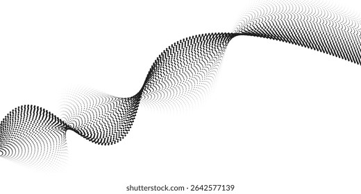 Plano de fundo da linha de onda pontilhada. Padrão ondulado de meio-tom preto. Papel de parede de onda de fluxo de partícula abstrata. Elemento de design de rede de gradiente tracejado curvo para placa, banner, apresentação, livreto, folheto. Vetor