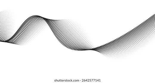 Plano de fundo da linha de onda pontilhada. Padrão ondulado de meio-tom preto. Papel de parede de onda de fluxo de partícula abstrata. Elemento de design de rede de gradiente tracejado curvo para placa, banner, apresentação, livreto, folheto. Vetor