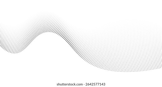 Plano de fundo da linha de onda pontilhada. Padrão ondulado de meio-tom preto. Papel de parede de onda de fluxo de partícula abstrata. Elemento de design de rede de gradiente tracejado curvo para placa, banner, apresentação, livreto, folheto. Vetor