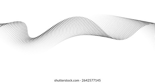 Plano de fundo da linha de onda pontilhada. Padrão ondulado de meio-tom preto. Papel de parede de onda de fluxo de partícula abstrata. Elemento de design de rede de gradiente tracejado curvo para poser, banner, apresentação, livreto, folheto. eps10