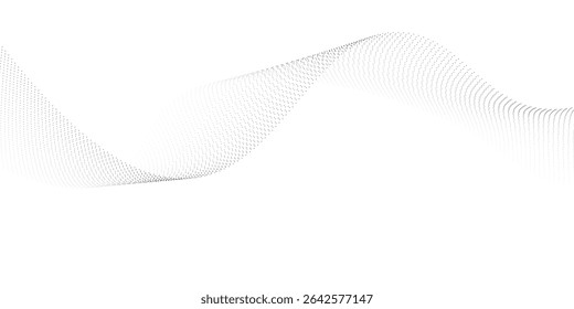 Plano de fundo da linha de onda pontilhada. Padrão ondulado de meio-tom preto. Papel de parede de onda de fluxo de partícula abstrata. Elemento de design de rede de gradiente tracejado curvo para poser, banner, apresentação, livreto, folheto. eps10