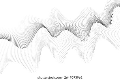 Plano de fundo da linha de onda pontilhada. Padrão ondulado de meio-tom preto. Papel de parede de onda de fluxo de partícula abstrata. Elemento de design de rede de gradiente tracejado curvo para placa, banner, apresentação, livreto, folheto. Vetor