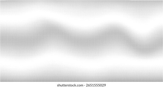 Plano de fundo da linha de onda pontilhada. Padrão ondulado de meio-tom preto. Papel de parede de onda de fluxo de partícula abstrata. Elemento de design de rede de gradiente tracejado curvo para placa, banner, apresentação, livreto, folheto. Vetor