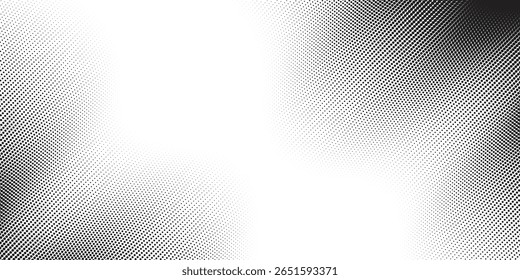 Plano de fundo da linha de onda pontilhada. Padrão ondulado de meio-tom preto. Papel de parede de onda de fluxo de partícula abstrata. Elemento de design de rede de gradiente tracejado curvo para placa-mãe, banner, plano de fundo moderno