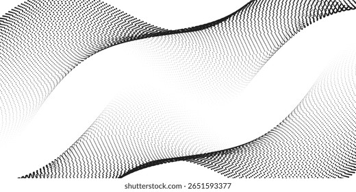 Plano de fundo da linha de onda pontilhada. Padrão ondulado de meio-tom preto. Papel de parede de onda de fluxo de partícula abstrata. Elemento de design de rede de gradiente tracejado curvo para placa-mãe, banner, plano de fundo moderno