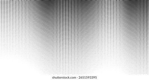 Plano de fundo da linha de onda pontilhada. Padrão ondulado de meio-tom preto. Papel de parede de onda de fluxo de partícula abstrata. Elemento de design de rede de gradiente tracejado curvo para placa-mãe, banner, plano de fundo moderno