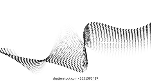 Plano de fundo da linha de onda pontilhada. Padrão ondulado de meio-tom preto. Papel de parede de onda de fluxo de partícula abstrata. Elemento de design de rede de gradiente tracejado curvo para placa-mãe, banner, plano de fundo moderno