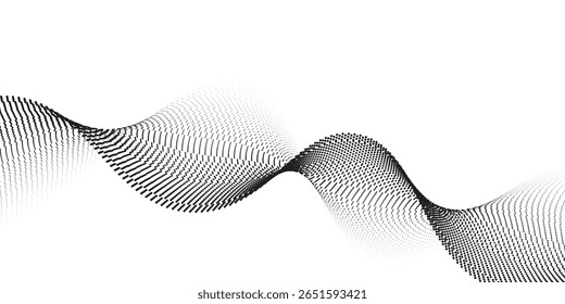 Plano de fundo da linha de onda pontilhada. Padrão ondulado de meio-tom preto. Papel de parede de onda de fluxo de partícula abstrata. Elemento de design de rede de gradiente tracejado curvo para placa-mãe, banner, plano de fundo moderno