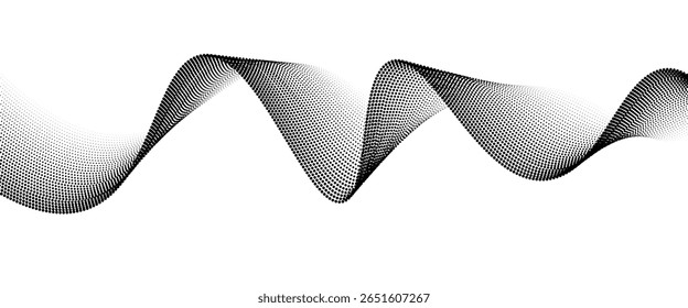 Plano de fundo da linha de onda pontilhada. Padrão ondulado de meio-tom preto. Papel de parede de onda de fluxo de partícula abstrata. Elemento de design de rede de gradiente tracejado curvo para placa, banner, apresentação, livreto, folheto. Vetor