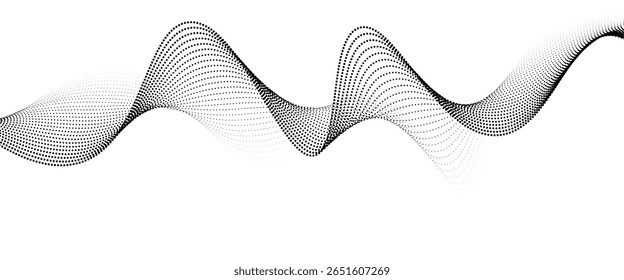 Plano de fundo da linha de onda pontilhada. Padrão ondulado de meio-tom preto. Papel de parede de onda de fluxo de partícula abstrata. Elemento de design de rede de gradiente tracejado curvo para placa, banner, apresentação, livreto, folheto. Vetor