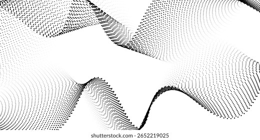 Plano de fundo da linha de onda pontilhada. Padrão ondulado de meio-tom preto. Papel de parede de onda de fluxo de partícula abstrata. Elemento de design de rede de gradiente tracejado curvo para placa-mãe, faixa, 