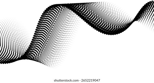 Fondo de línea de onda punteada. Patrón ondulado de semitono negro. Fondo de pantalla Abstractas de ondas de flujo de partículas. Elemento de diseño de red de gradiente discontinuo curvado para poser, Anuncio, 