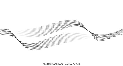 Gepunktete Wellenlinie, Hintergrund. Schwarzes Halbtonwellenmuster. Tapete mit abstrakten Teilchenströmungswellen. Gestricheltes Netzdesign für Poster, Banner, Präsentation, Broschüre. Vektorgrafik