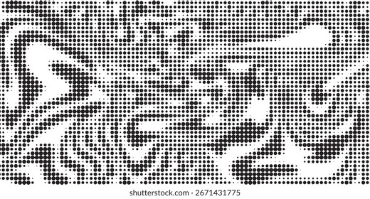 Gepunktete Wellenlinie, Hintergrund. Schwarzes Halbtonwellenmuster. Tapete mit abstrakten Teilchenströmungswellen.	
