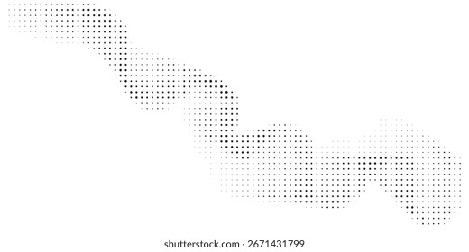 Gepunktete Wellenlinie, Hintergrund. Schwarzes Halbtonwellenmuster. Tapete mit abstrakten Teilchenströmungswellen.	
