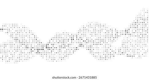 Gepunktete Wellenlinie, Hintergrund. Schwarzes Halbtonwellenmuster. Tapete mit abstrakten Teilchenströmungswellen.	
