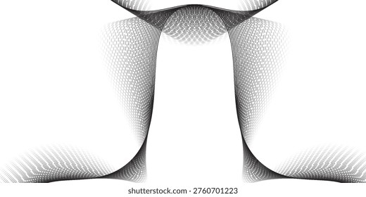 Dotted wave line background. Black halftone undulate pattern. Abstract particle flow wave wallpaper. Curved dashed gradient net design element for poser, banner, presentation, booklet, flyer. Vector