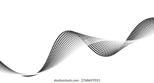 Dotted wave line background. Black halftone undulate pattern. Abstract particle flow wave wallpaper. Curved dashed gradient net design element for poser, banner, presentation, booklet, flyer. Vector