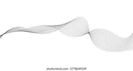 Dotted wave line background. Black halftone undulate pattern. Abstract particle flow wave wallpaper. Curved dashed gradient net design element for poser, banner, presentation, booklet, flyer. Vector